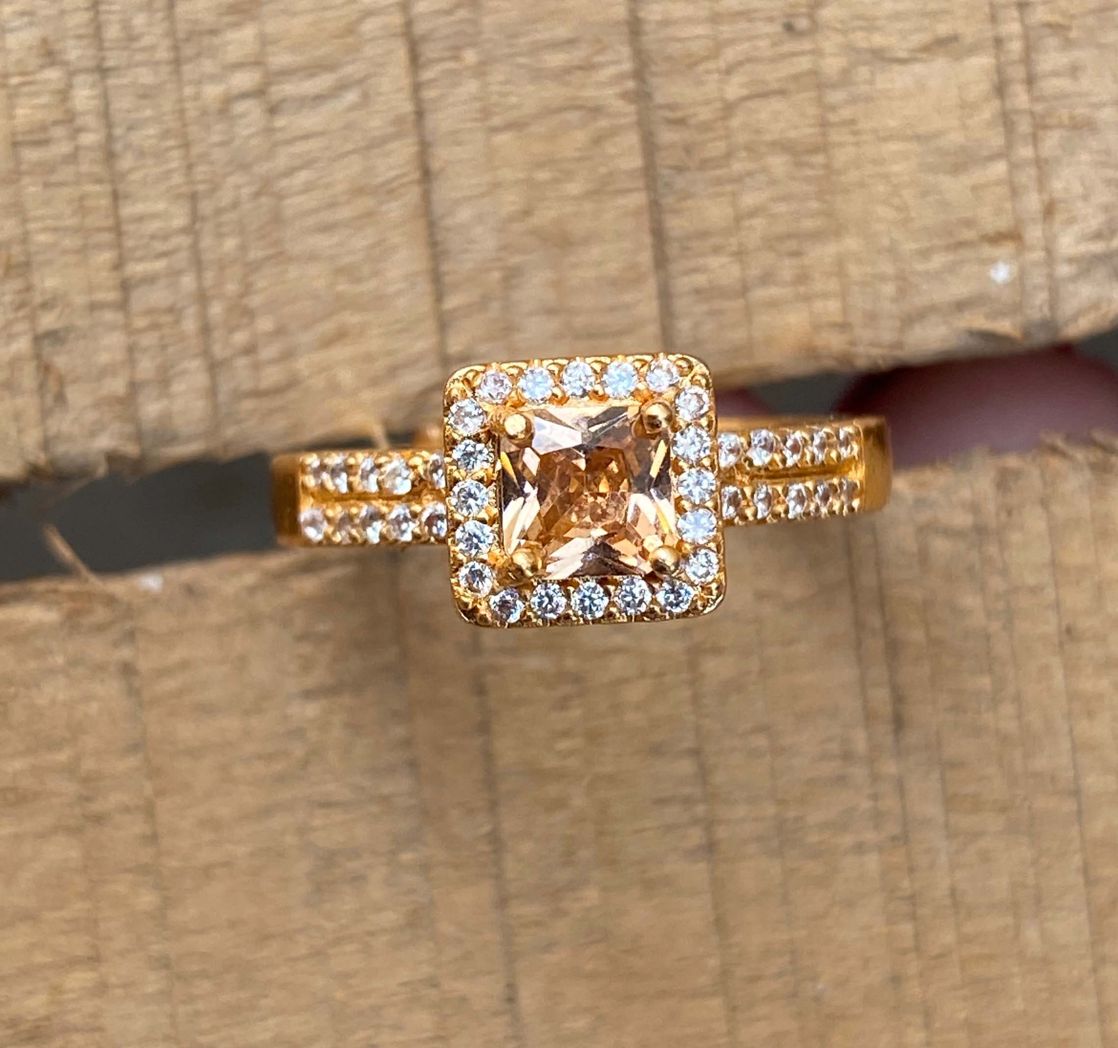 Golden Square Halo Ring